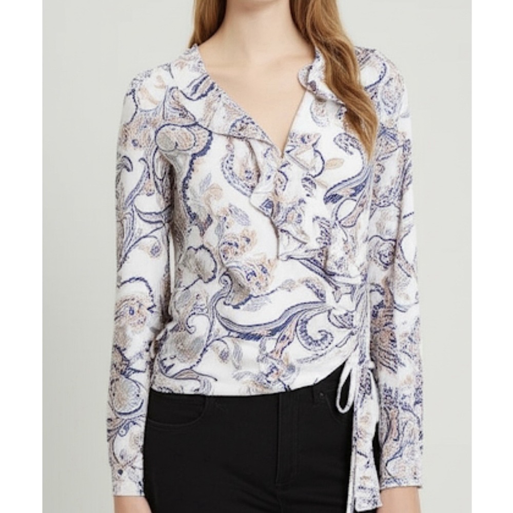 White House Black Market Paisley Ruffle Wrap Blouse Blue White Size‎ 2